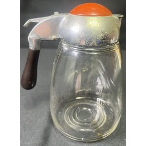 Vintage Large Glass Syrup Pitcher with Black Handle & Orange/Red‎ Lid